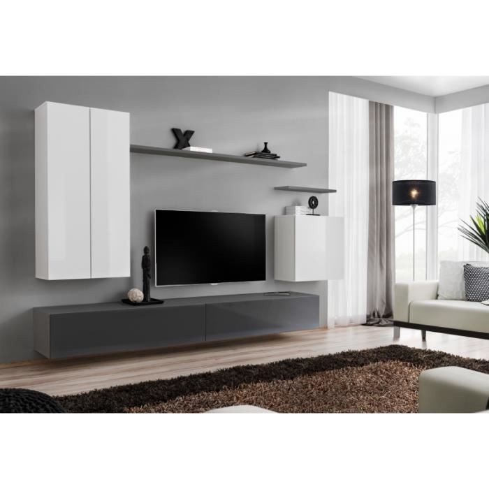 Ensemble meuble salon SWITCH II design, coloris blanc et gris brillant.