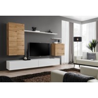 Ensemble meuble salon SWITCH II design, coloris chêne Wotan et blanc brillant.