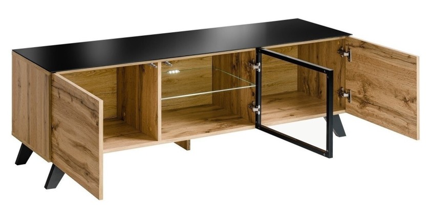 Meuble tv TINO. Idéal pour votre salon. Look tendance type industriel, bois, verre et métal.