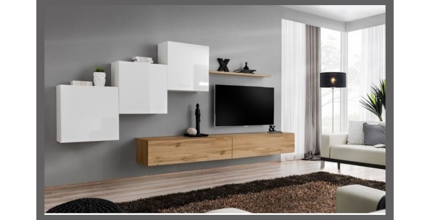 Ensemble meuble salon mural SWITCH X design, coloris chêne Wotan et blanc brillant.