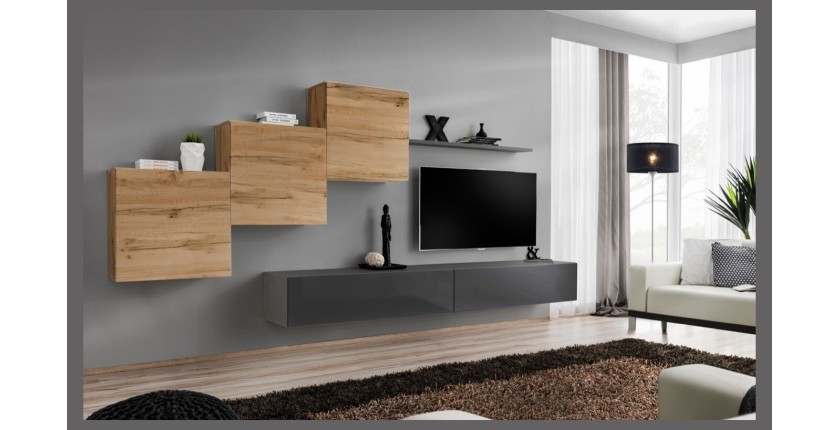 Ensemble meuble salon mural SWITCH X design, coloris gris brillant et chêne Wotan.