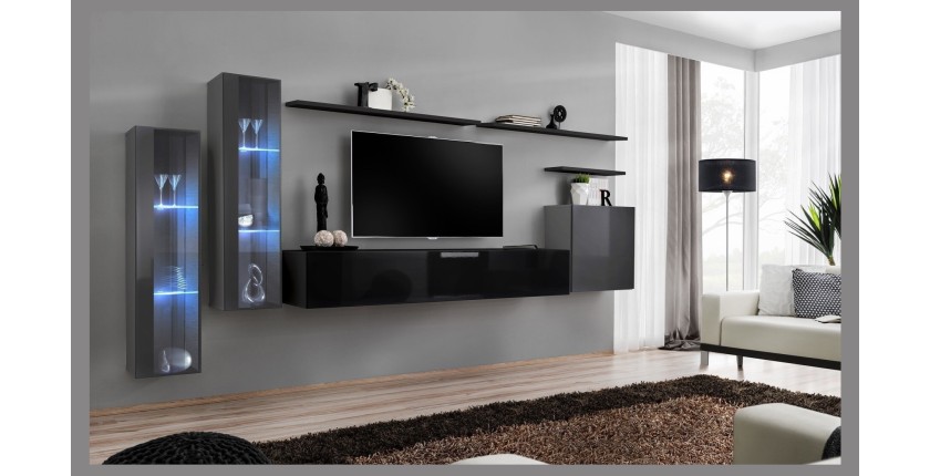 Ensemble meuble salon mural SWITCH XI design, coloris noir brillant et gris brillant.