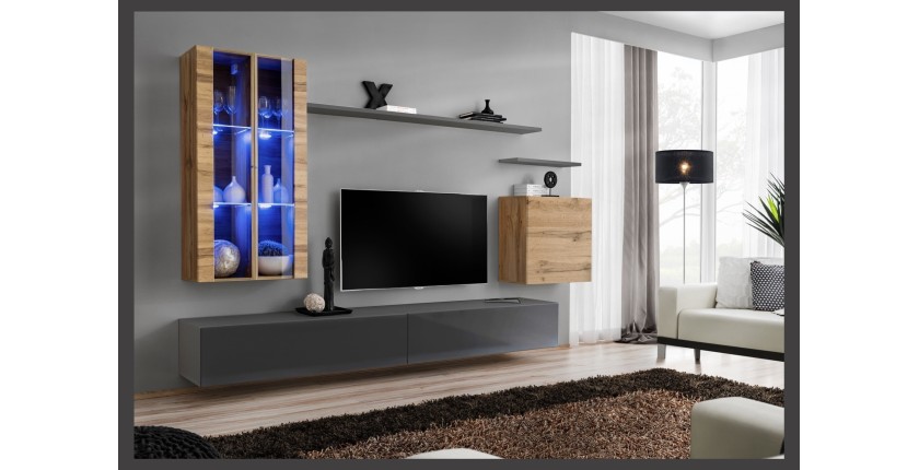 Ensemble meuble salon mural SWITCH XII design, coloris gris brillant et chêne Wotan.
