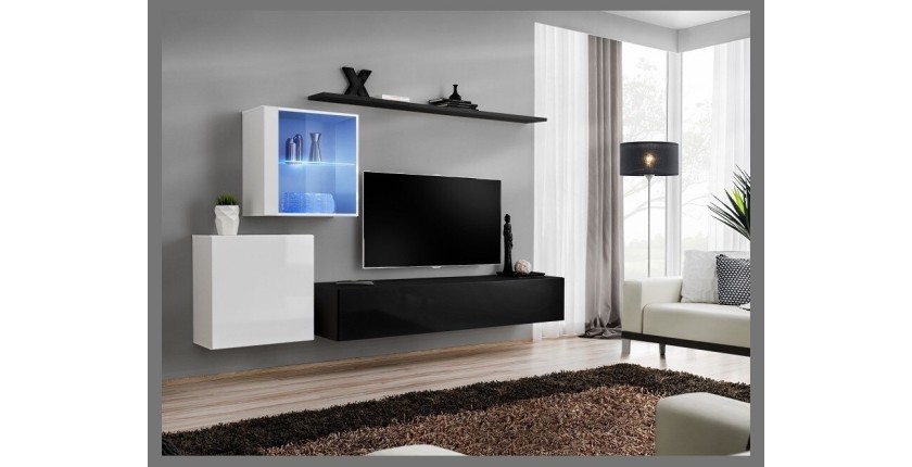 Ensemble meuble salon mural SWITCH XV design, coloris noir et blanc brillant.