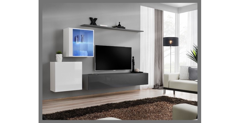 Ensemble meuble salon mural SWITCH XV design, coloris gris et blanc brillant.