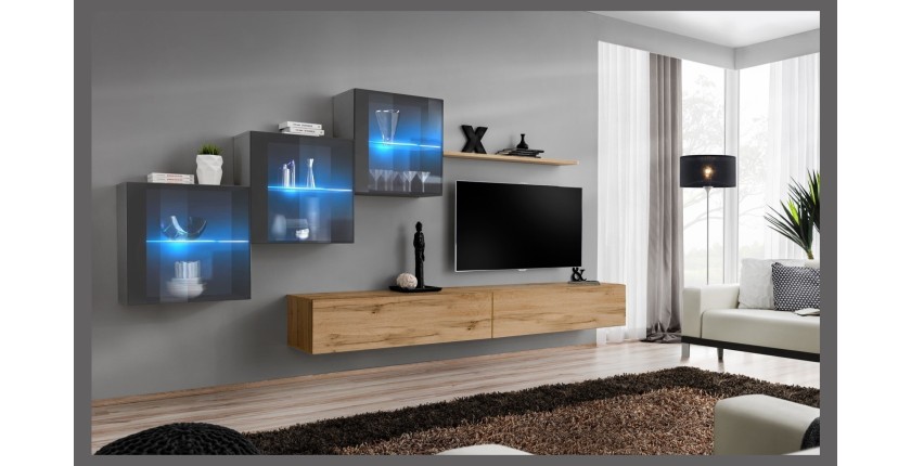 Ensemble meubles de salon SWITCH XX design, coloris chêne Wotan et gris brillant.