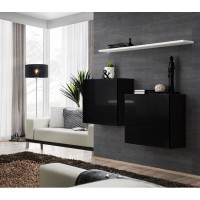 Ensemble meubles de salon SWITCH SBI design, coloris noir brillant et étagère blanche.