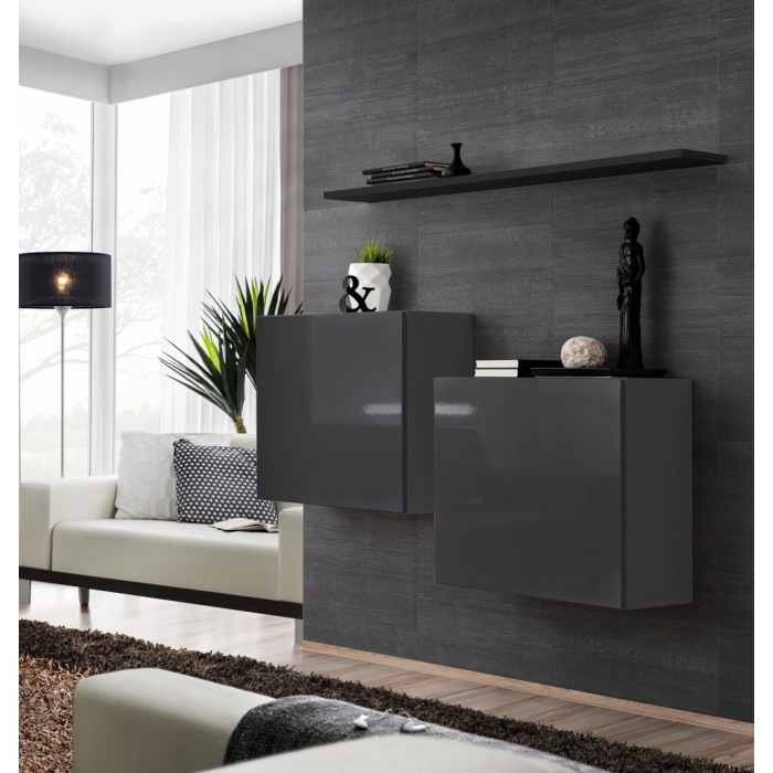 Ensemble meubles de salon SWITCH SBI design, coloris gris brillant et étagère noire..