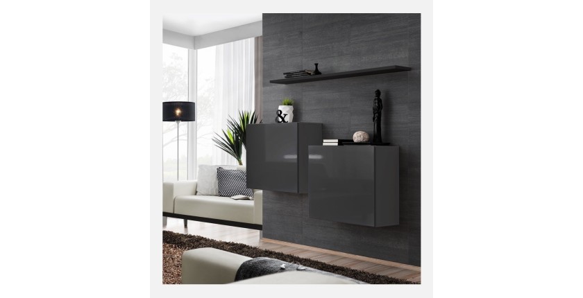 Ensemble meubles de salon SWITCH SBI design, coloris gris brillant et étagère noire..