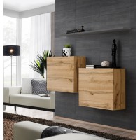 Ensemble meubles de salon SWITCH SBI design, coloris chêne Wotan et étagère grise.