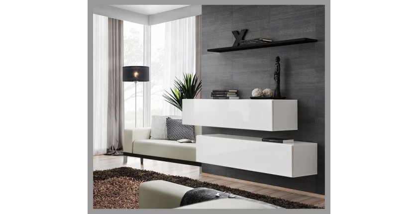 Ensemble meubles de salon SWITCH SBII design, coloris blanc brillant et étagère noire.
