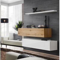 Ensemble meubles de salon SWITCH SBII design, coloris blanc brillant et chêne Wotan.