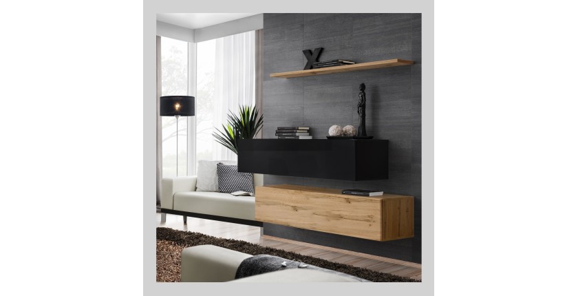 Ensemble meubles de salon SWITCH SBII design, coloris chêne Wotan et noir brillant.