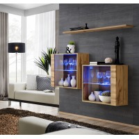 Ensemble meubles de salon SWITCH SBIII design, coloris chêne Wotan et porte vitrée avec système LED intégré.