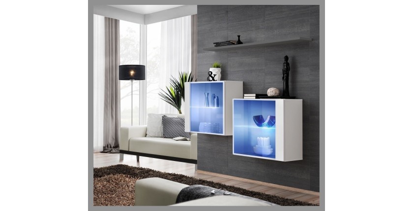 Ensemble meubles de salon SWITCH SBIII design, coloris blanc brillant et porte vitrée avec système LED intégré, étagère grise.