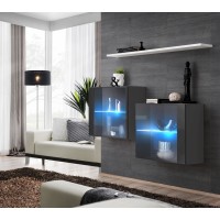 Ensemble meubles de salon SWITCH SBIII design, coloris gris brillant et porte vitrée avec système LED intégré, étagère blanche.