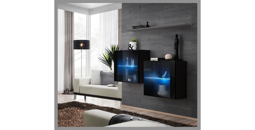 Ensemble meubles de salon SWITCH SBIII design, coloris noir brillant et porte vitrée avec système LED intégré, étagère grise.