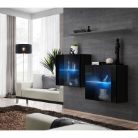 Ensemble meubles de salon SWITCH SBIII design, coloris noir brillant et porte vitrée avec système LED intégré, étagère grise.