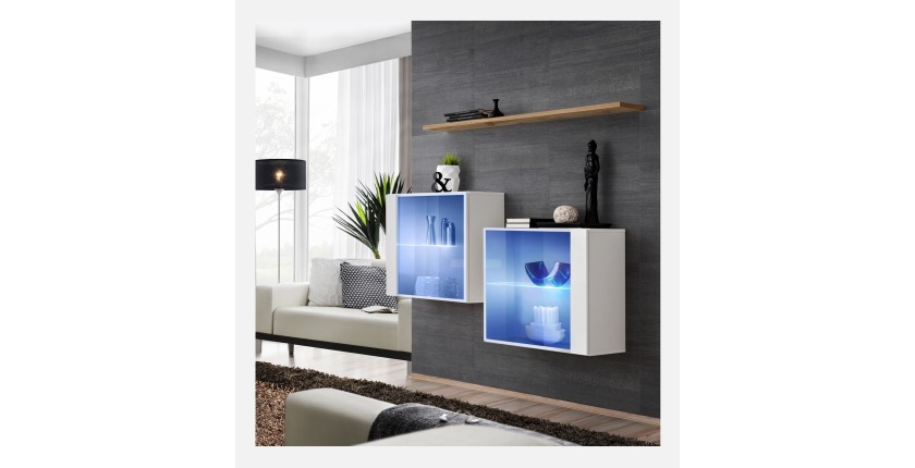 Ensemble meubles de salon SWITCH SBIII, coloris blanc brillant et porte vitrée avec système LED intégré, étagère chêne Wotan.