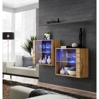 Ensemble meubles de salon SWITCH SBIII, coloris chêne Wotan et porte vitrée avec système LED intégré, étagère grise.
