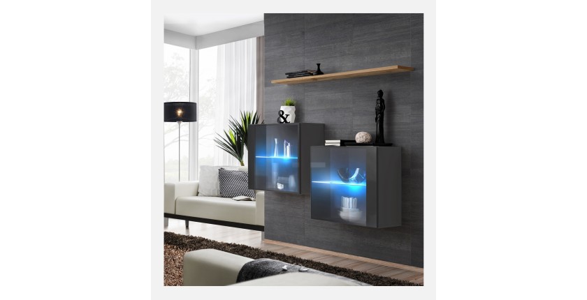 Ensemble meubles de salon SWITCH SBII, coloris gris brillant et porte vitrée avec système LED intégré, étagère chêne Wotan.