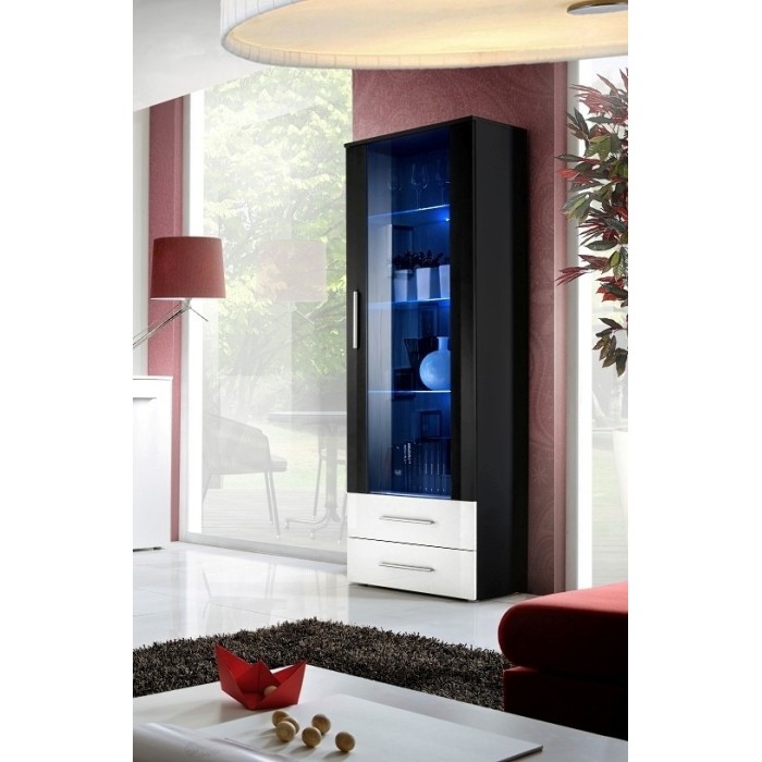 Vitrine NEO I design, coloris noir brillant, tiroirs blancs brillants + LED.