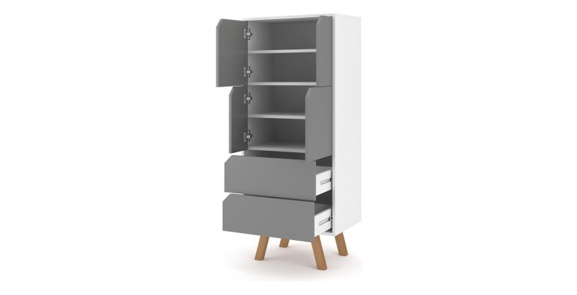 Vaisselier design AOMORI 2 tiroirs, 4 portes, coloris blanc et gris mat