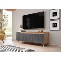 Meuble TV scandinave TUEW 140cm, 3 portes, coloris chêne et graphite.
