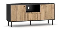 Meuble TV industriel SPEBO, 140 cm, 2 portes et 1 tiroir, coloris noir mat et chêne wotan.