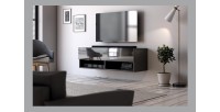 Meuble TV suspendu design CLUJ, 100 cm, 1 porte et 2 niches, coloris noir et noir brillant.
