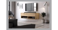 Meuble TV suspendu design CLUJ, 100 cm, 1 porte et 2 niches, coloris chêne wotan.