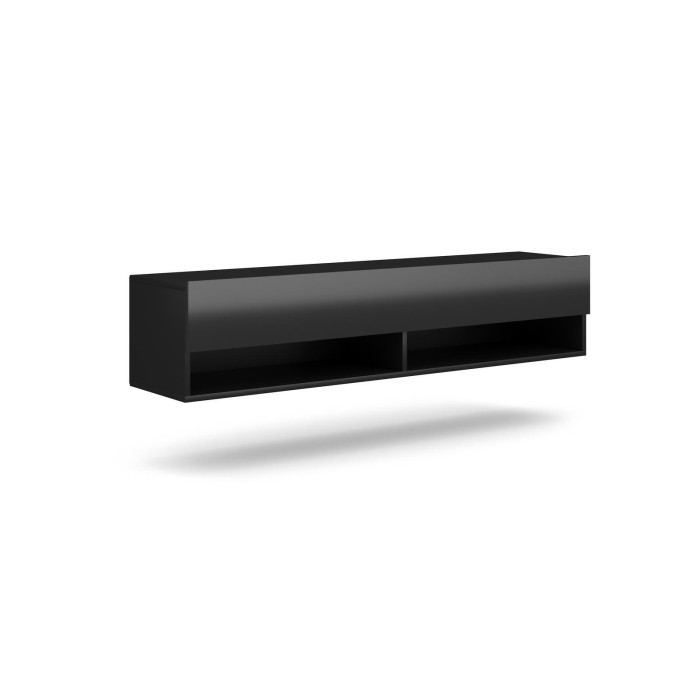 Meuble TV suspendu design CLUJ, 140 cm, 1 porte et 2 niches, coloris noir et noir brillant.