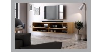 Meuble TV suspendu design CLUJ, 140 cm, 1 porte et 2 niches, coloris chêne wotan.
