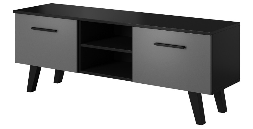 Meuble TV design EST, 140cm, 2 portes et 2 niches, coloris noir et anthracite.