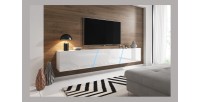 Meuble TV design SPEED, 240 cm, 1 porte et 3 espaces de rangement, coloris blanc et blanc brillant + LED