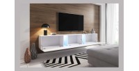 Meuble TV design SPEED, 240 cm, 1 porte et 3 espaces de rangement, coloris blanc et gris avec LED intégrée.