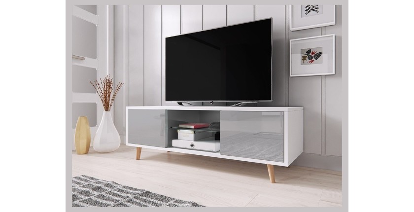 Meuble TV design EDEN 140 cm, 2 portes et 2 niches, coloris blanc et gris. Type scandinave.