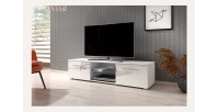 Meuble TV design LEON 140 cm. 2 portes et niche coloris blanc et blanc brillant