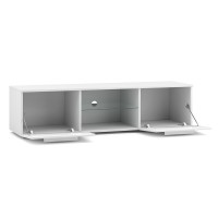 Meuble TV design LEON 140 cm. 2 portes et niche coloris blanc et gris brillant