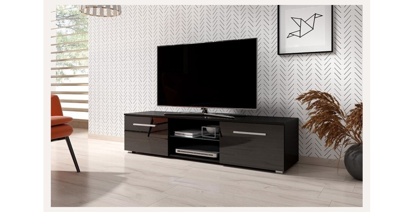 Meuble TV design LEON 140 cm. 2 portes et niche coloris noir et brillant