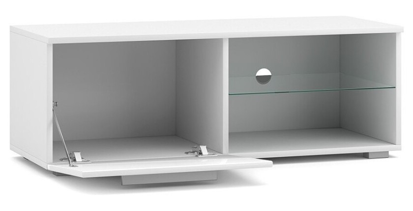 Meuble TV design LEON II 100 cm, 1 porte et 2 niches, coloris blanc et blanc brillant