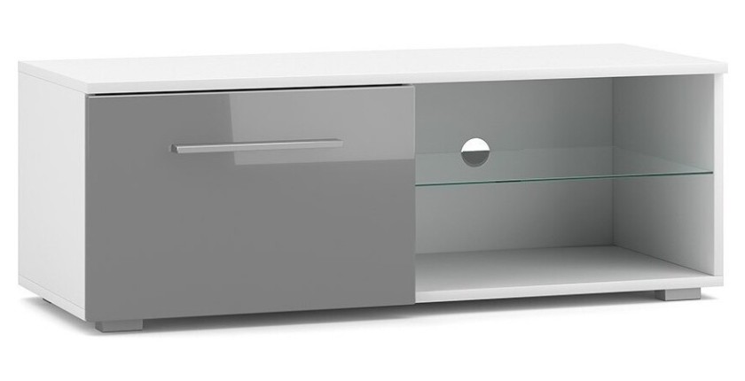 Meuble TV design LEON II 100 cm, 1 porte et 2 niches, coloris blanc et gris brillant