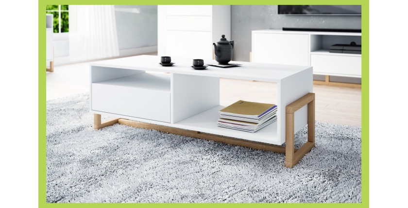 Table basse design GEILO 1 tiroir et 2 niches, coloris hêtre et blanc mat