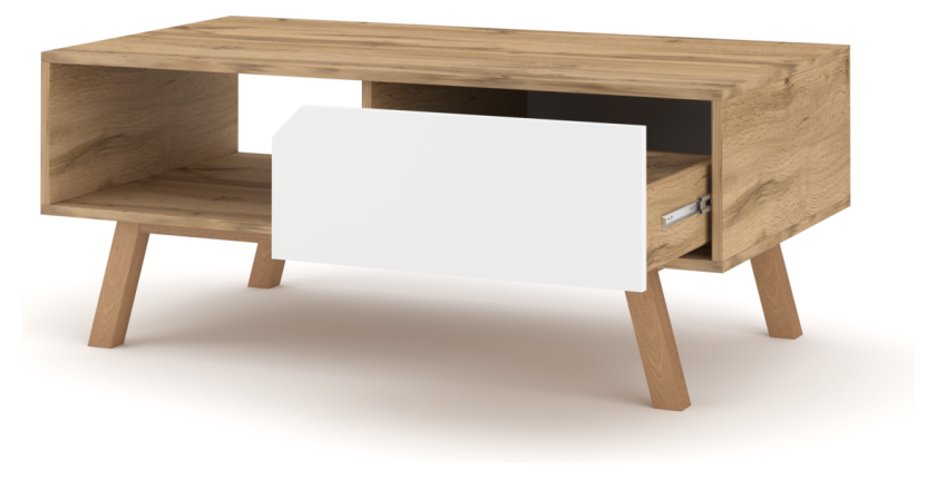Table basse design AOMORI 1 tiroir et 1 niche, coloris chêne et blanc mat