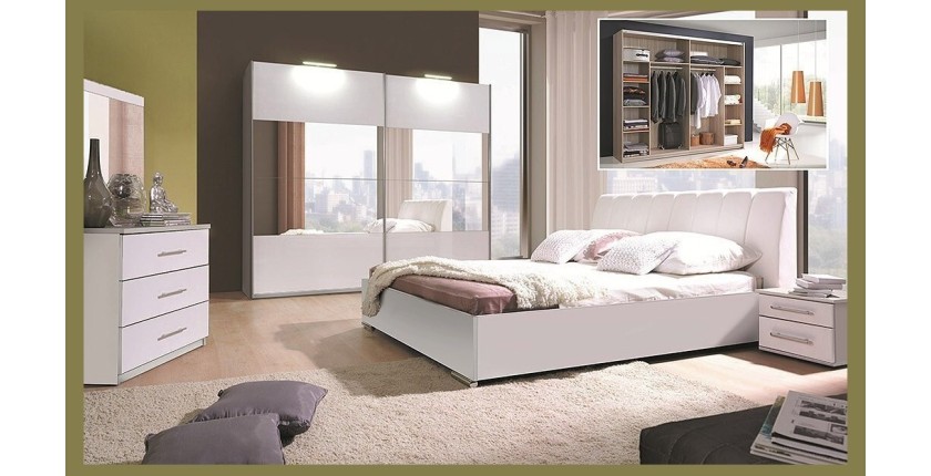 Ensemble VERONA blanc brillant lit design en simili cuir 160 x 200 , 2 chevets et 1 armoire. Meuble design