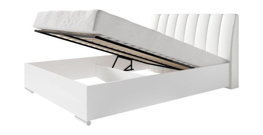Ensemble VERONA blanc brillant lit design en simili cuir blanc 180 x 200 cm avec option coffre , 2 chevets et 1 armoire.