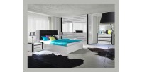 Lit double 180 cm avec option coffre LINA. Coloris blanc et noir brillant avec une finition en simili cuir. Sommier inclus