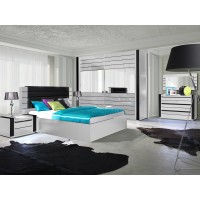 Lit double 180 cm avec option coffre LINA. Coloris blanc et noir brillant avec une finition en simili cuir. Sommier inclus