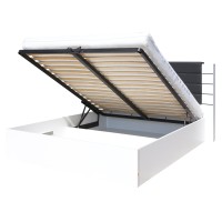 Lit double 180 cm avec option coffre LINA. Coloris blanc et noir brillant avec une finition en simili cuir. Sommier inclus