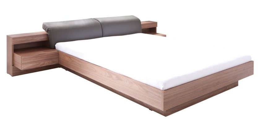 Lit avec coffre RENATO + sommier + tables de chevet intégrées avec LED, couchage 180x200 cm. coloris walnut